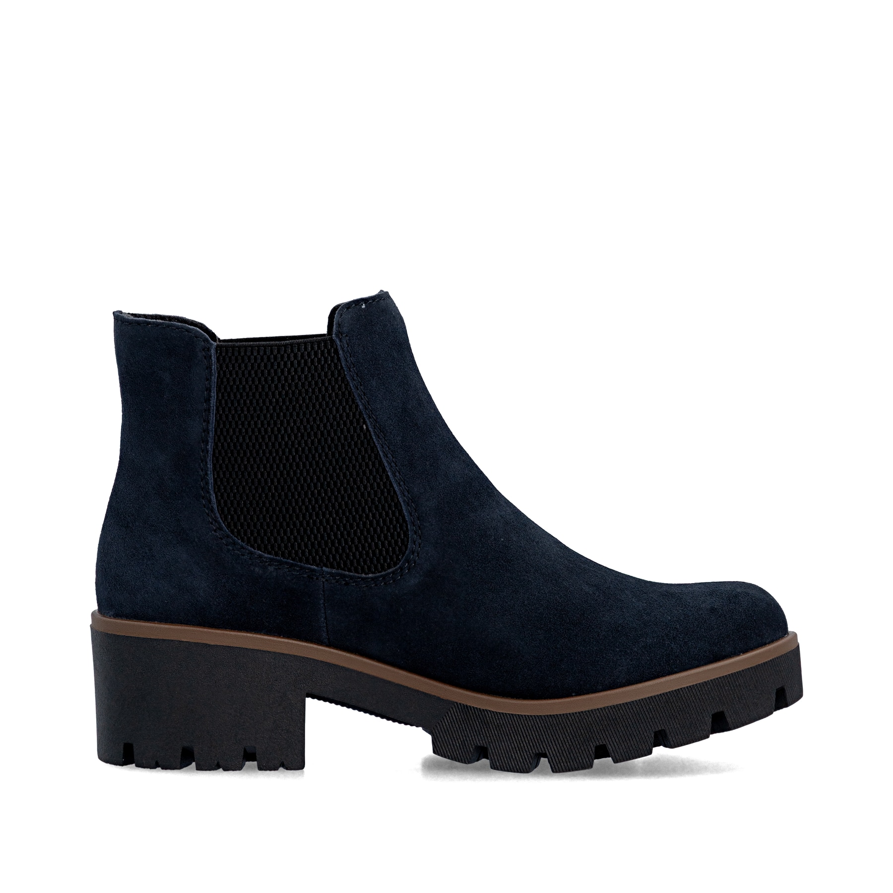 Dunkelblaue Rieker Damen Chelsea Boots 79265-14 aus Rauleder mit einem Gummizug. Schuh Innenseite.