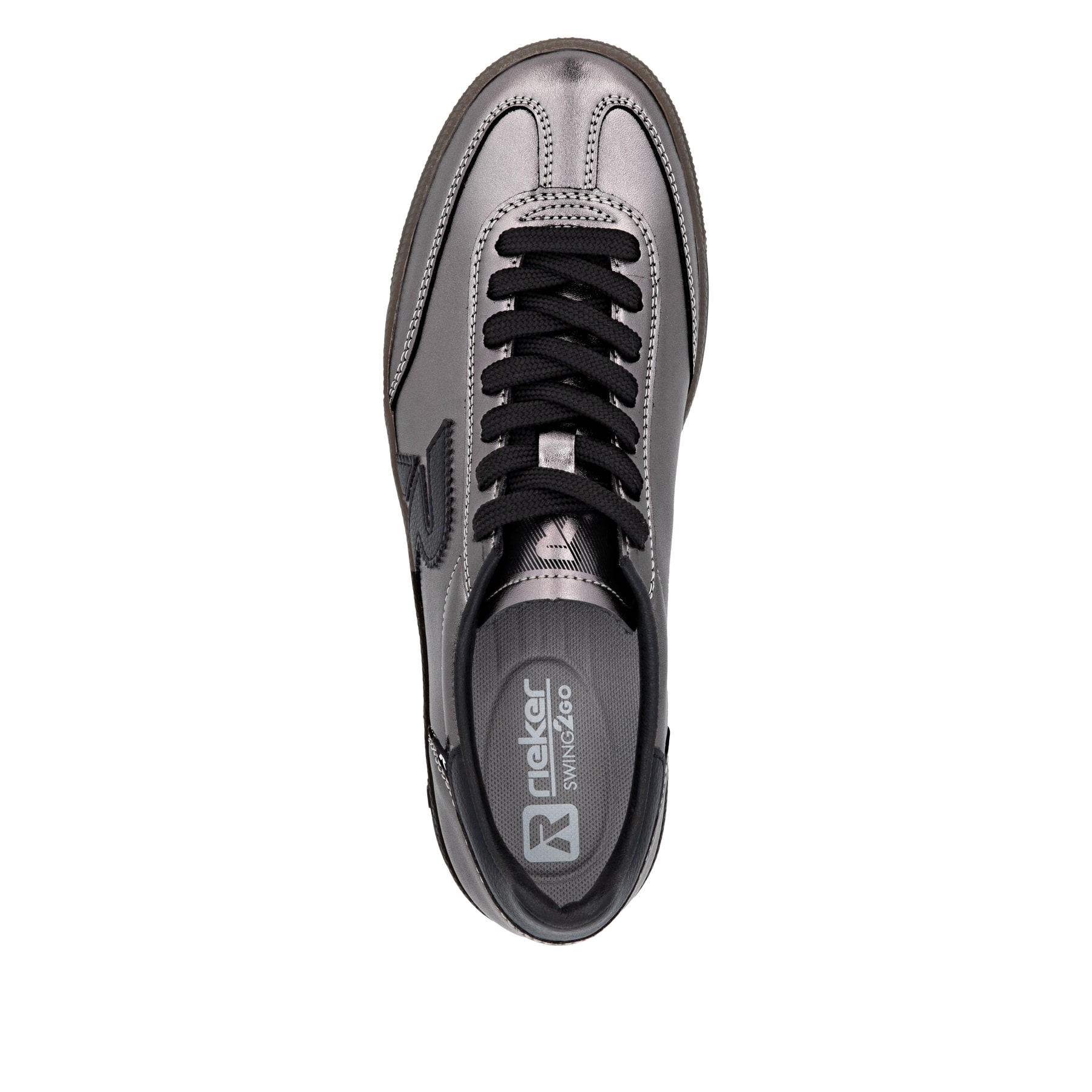 Silberne Rieker Damen Sneaker Low W2200-91 mit einer Schnürung. Schuh von oben.