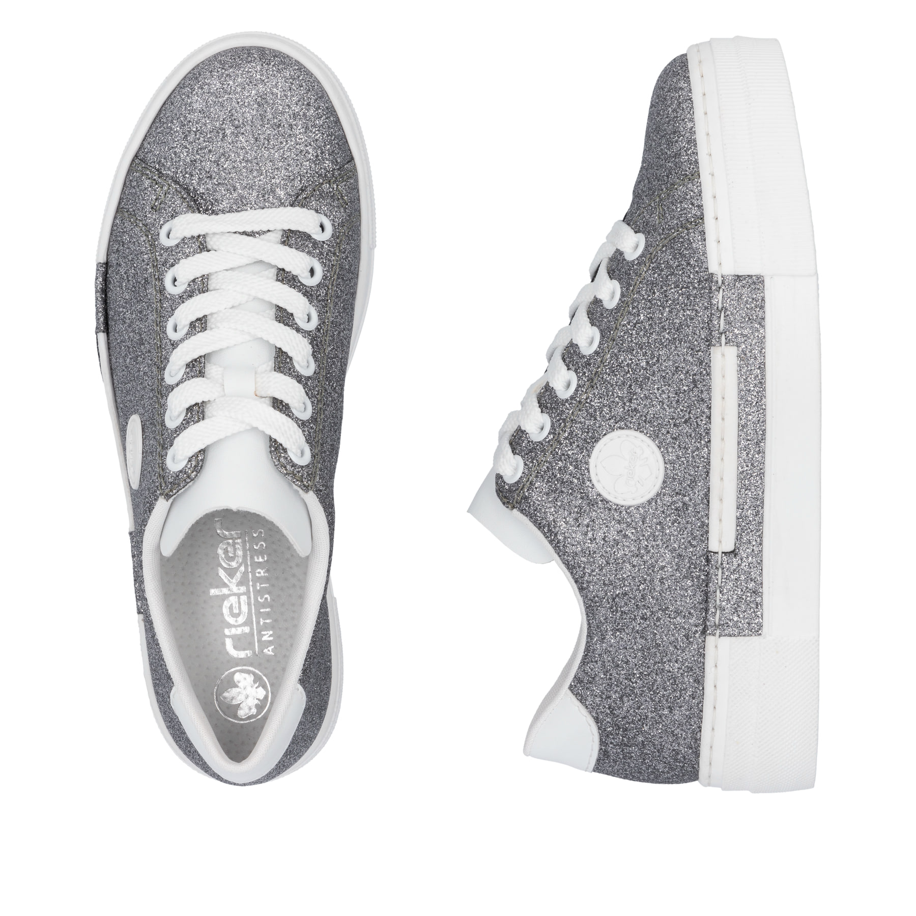 Baskets basses Rieker argent pour femme N49W1-91 avec lacets. Chaussure vue de dessus, couchée.