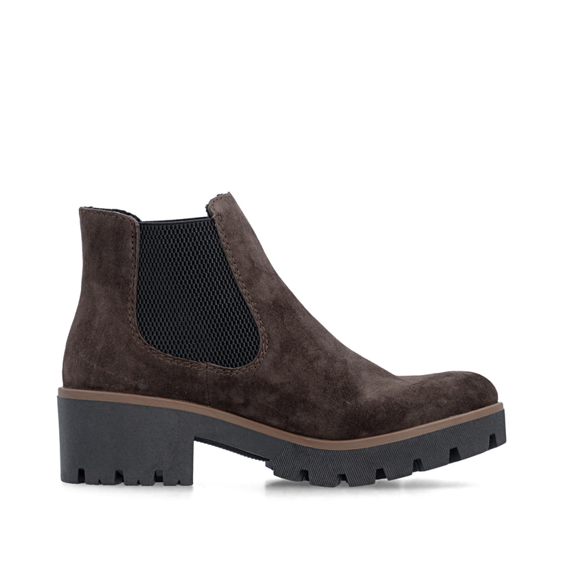 Dunkelbraune Rieker Damen Chelsea Boots 79265-25 aus Rauleder mit einem Gummizug. Schuh Innenseite.