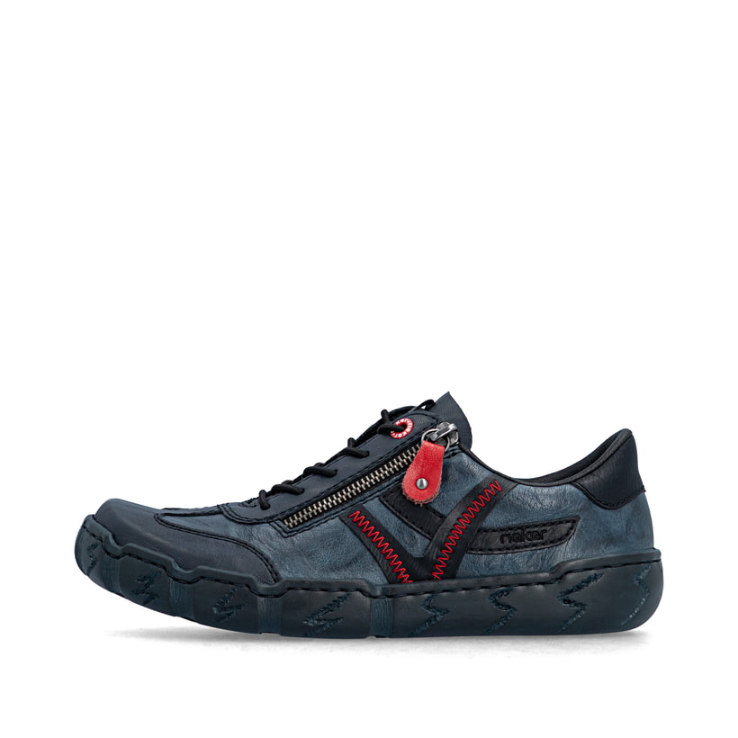 Mocassins Rieker bleus pour femmes L0363-14 avec détails colorés. Côté extérieur de la chaussure.