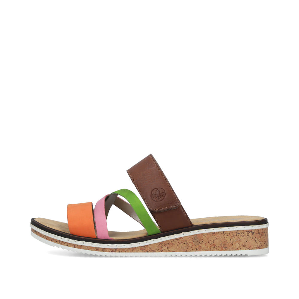 Mehrfarbige Rieker Damen Pantoletten V3652-96 mit einem Klettverschluss. Schuh Außenseite.