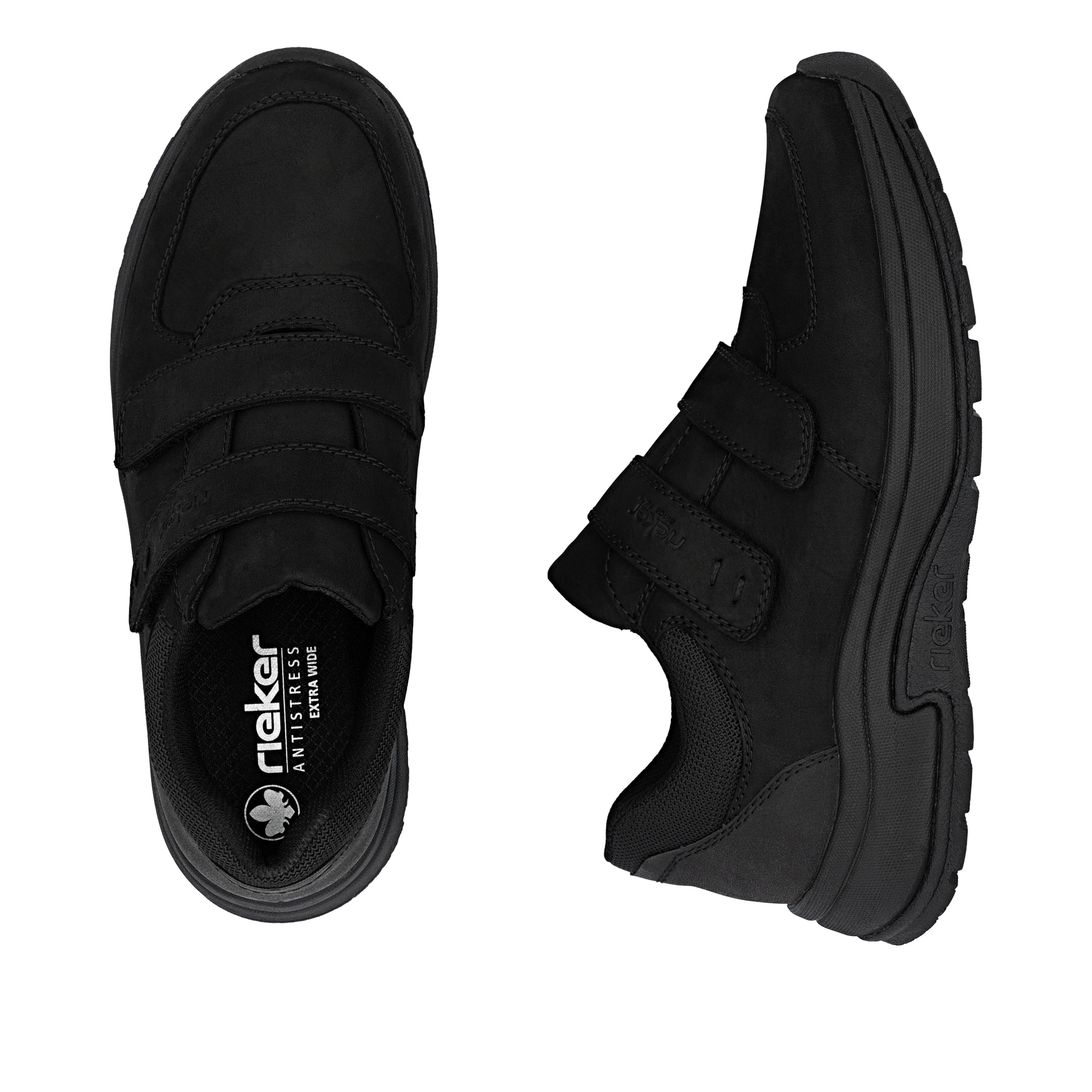 Schwarze Rieker Herren Slipper 11051-00 aus Rauleder mit einem Klettverschluss. Schuh von oben, liegend.