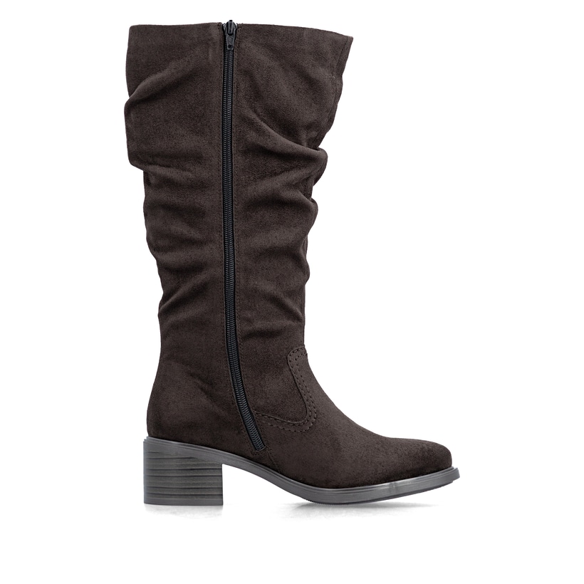 Dunkelbraune Rieker Damen Hochschaftstiefel 74192-25 mit gerafftem Schaft. Schuh Innenseite.