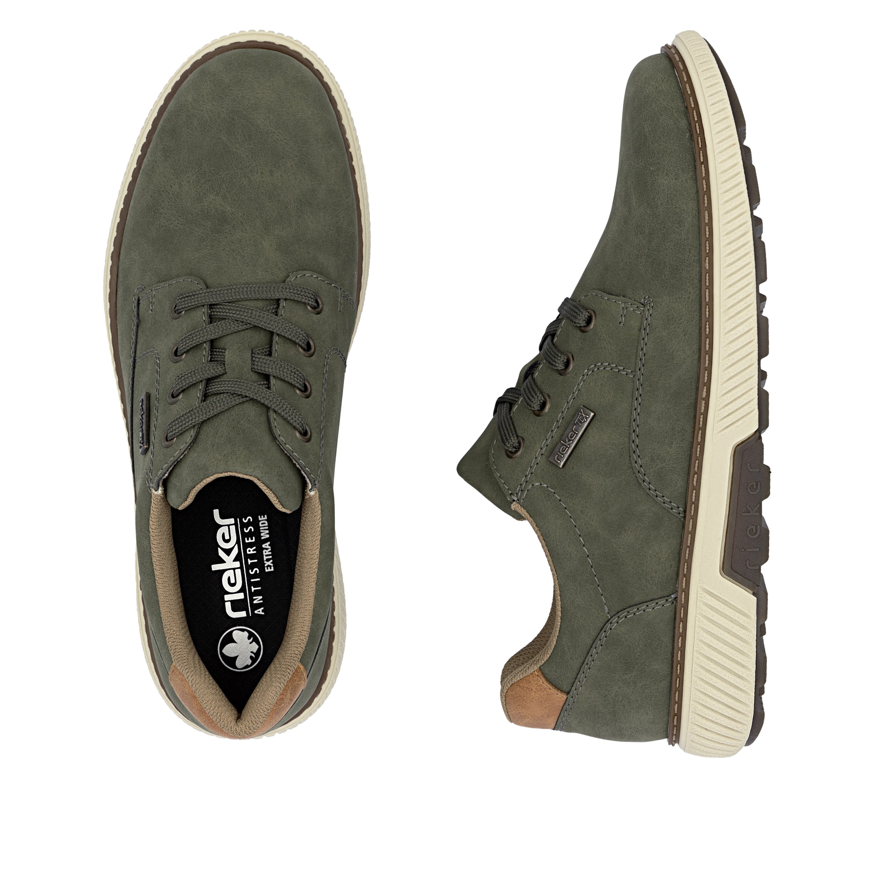 Khakifarbene Rieker Herren Sneaker Low B3317-54 mit modernen Ziernähten. Schuh von oben, liegend.