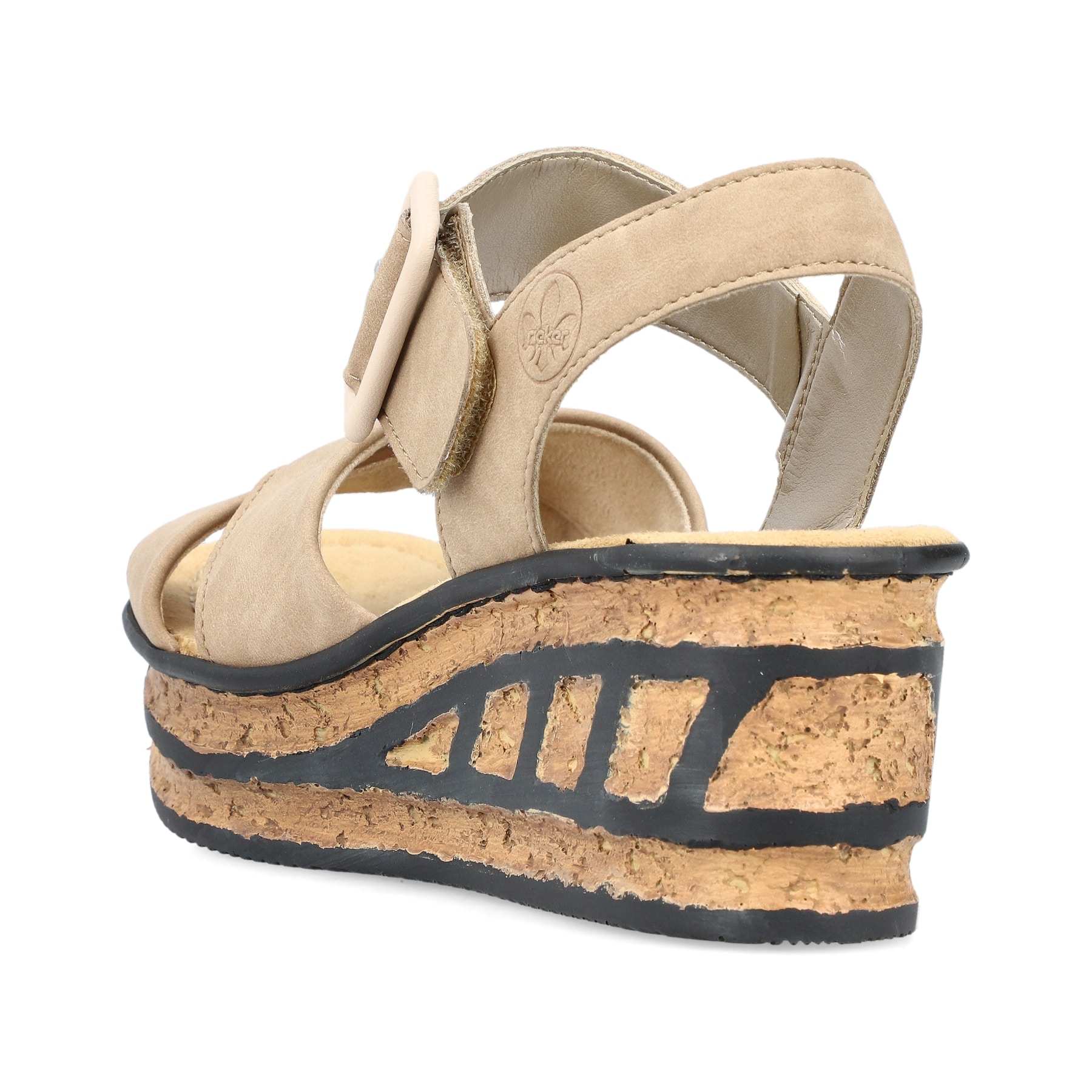 Beige Rieker Keilsandaletten 68163-62 mit trendigen Schnalle. Schuh von hinten.