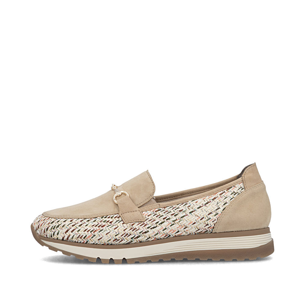 Mocassins Rieker beiges pour femme 49042-62 en cuir velours. Côté extérieur de la chaussure.
