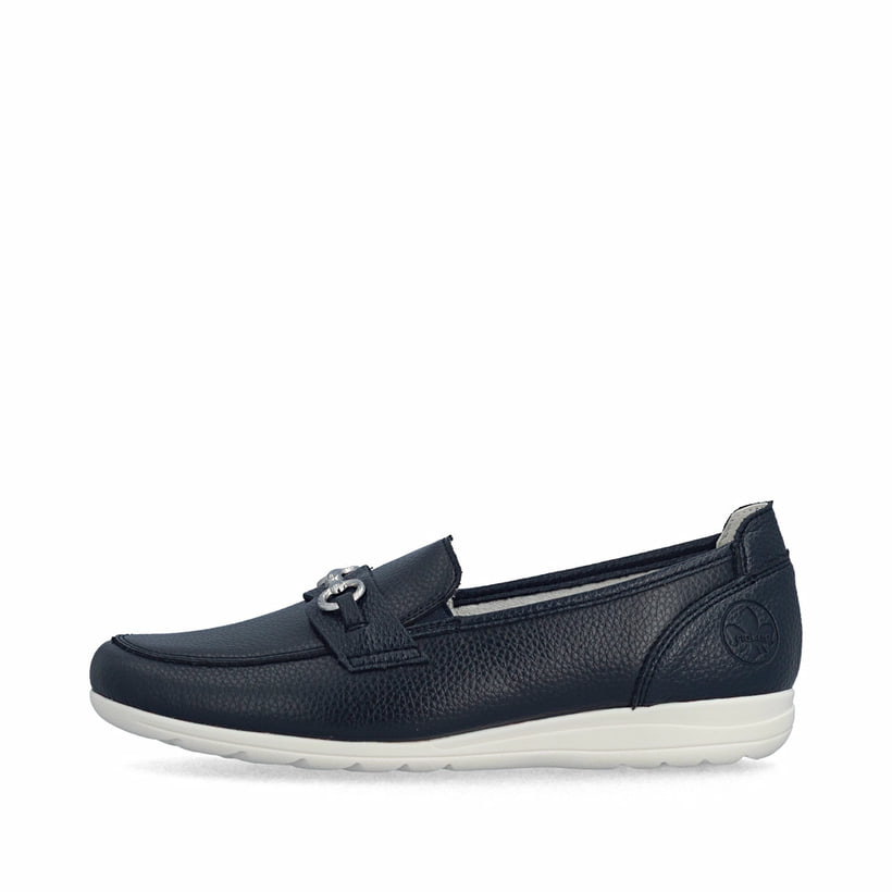 Dunkelblaue Rieker Damen Loafer L9355-14 aus Glattleder mit Schmuckelementen. Schuh Außenseite.