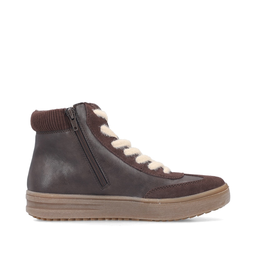 Braun-weiße Rieker Damen Sneaker High L2530-25 mit flauschigen Schnürsenkeln. Schuh Innenseite.