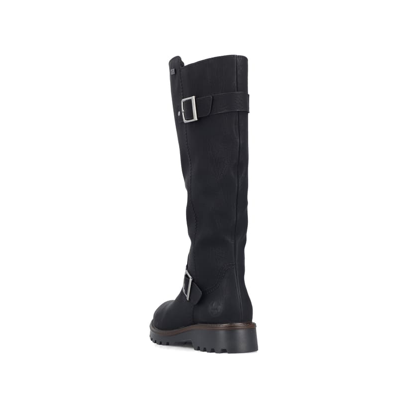 Schwarze Rieker Damen Hochschaftstiefel 73292-00 mit einem Reißverschluss. Schuh von hinten.