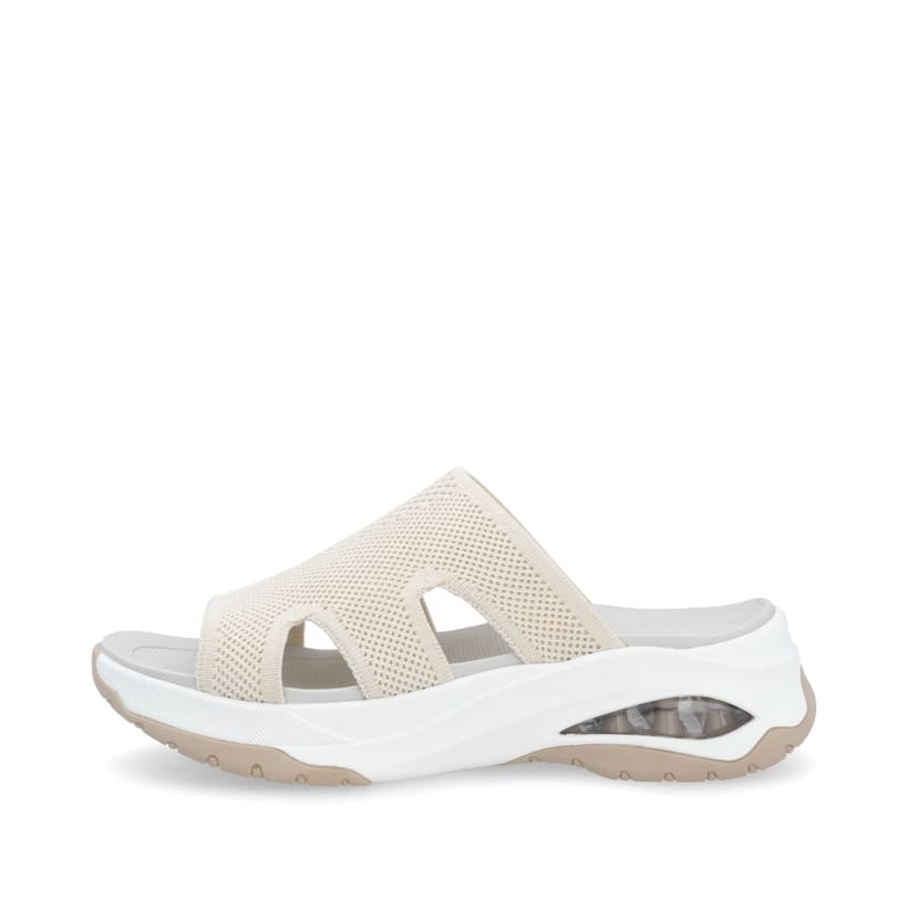 Beige vegane Rieker Damen Pantoletten W3150-60 mit einem Gummizug. Schuh Außenseite.