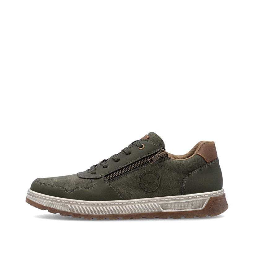 Baskets basses Rieker vertes pour homme 37029-52 avec fermeture éclair. Côté extérieur de la chaussure.
