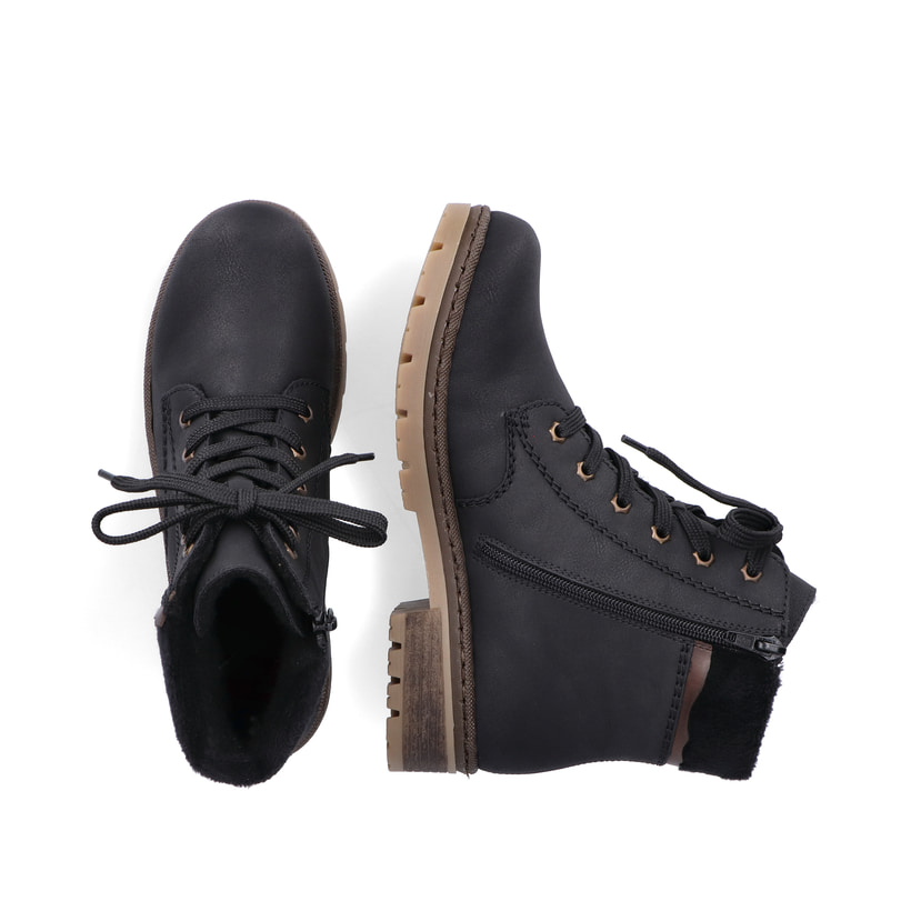 Graphitschwarze Rieker Damen Schnürstiefel Y7418-00 mit einem Reißverschluss. Schuh von oben, liegend.
