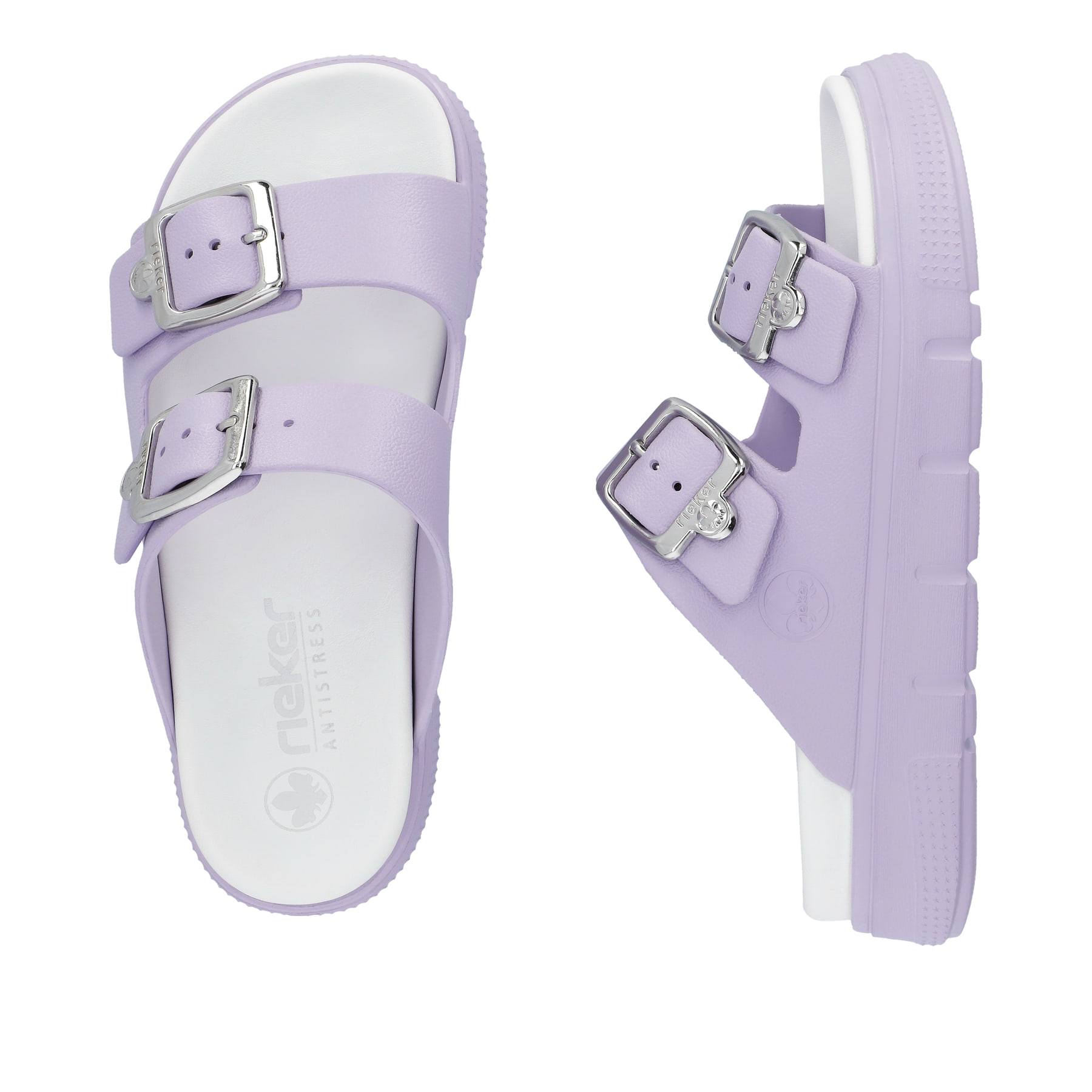 Fliederfarbene Rieker Damen Pantoletten P2180-30 mit einer Schnalle. Schuh von oben, liegend.