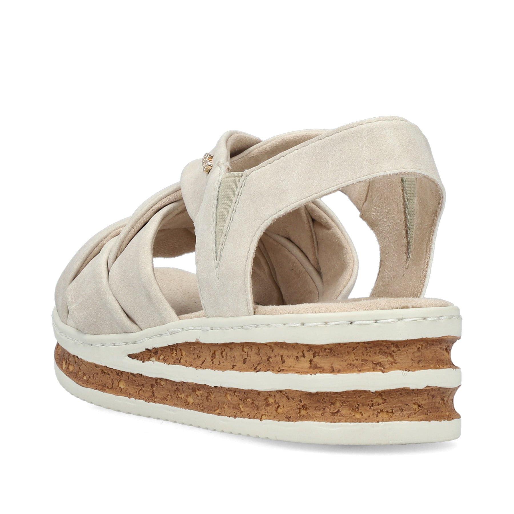 Beige Rieker Keilsandaletten 62908-60 mit Gummizug sowie schmaler Passform E 1/2. Schuh von hinten.