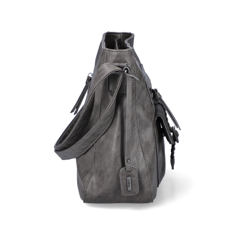 Sac à main Rieker H1340-42 en gris avec sangle décorative tressée, fermeture éclair et poche pour téléphone portable. Côté droit.