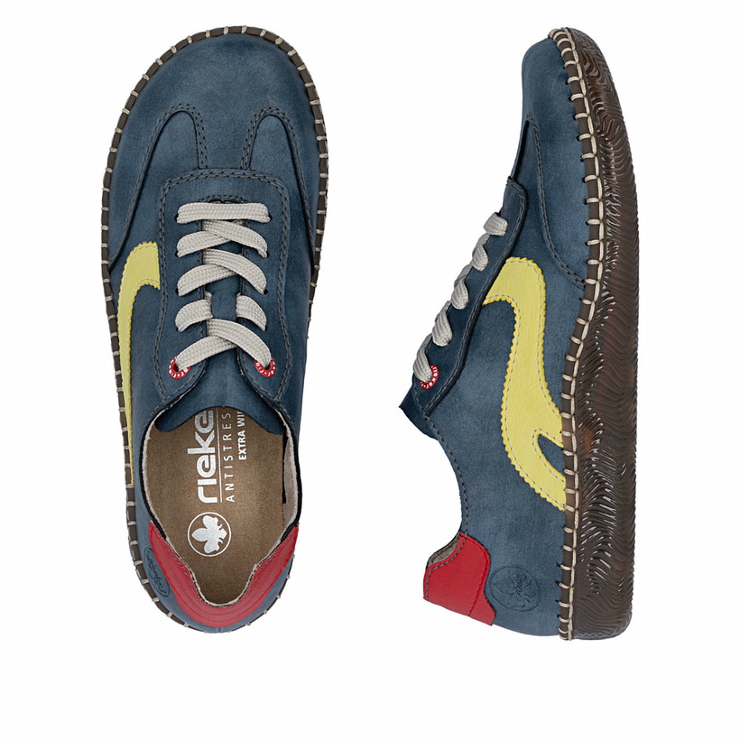 Mehrfarbige Rieker Damen Schnürschuhe N2400-14 mit handgestickten Nähten. Schuh von oben, liegend.