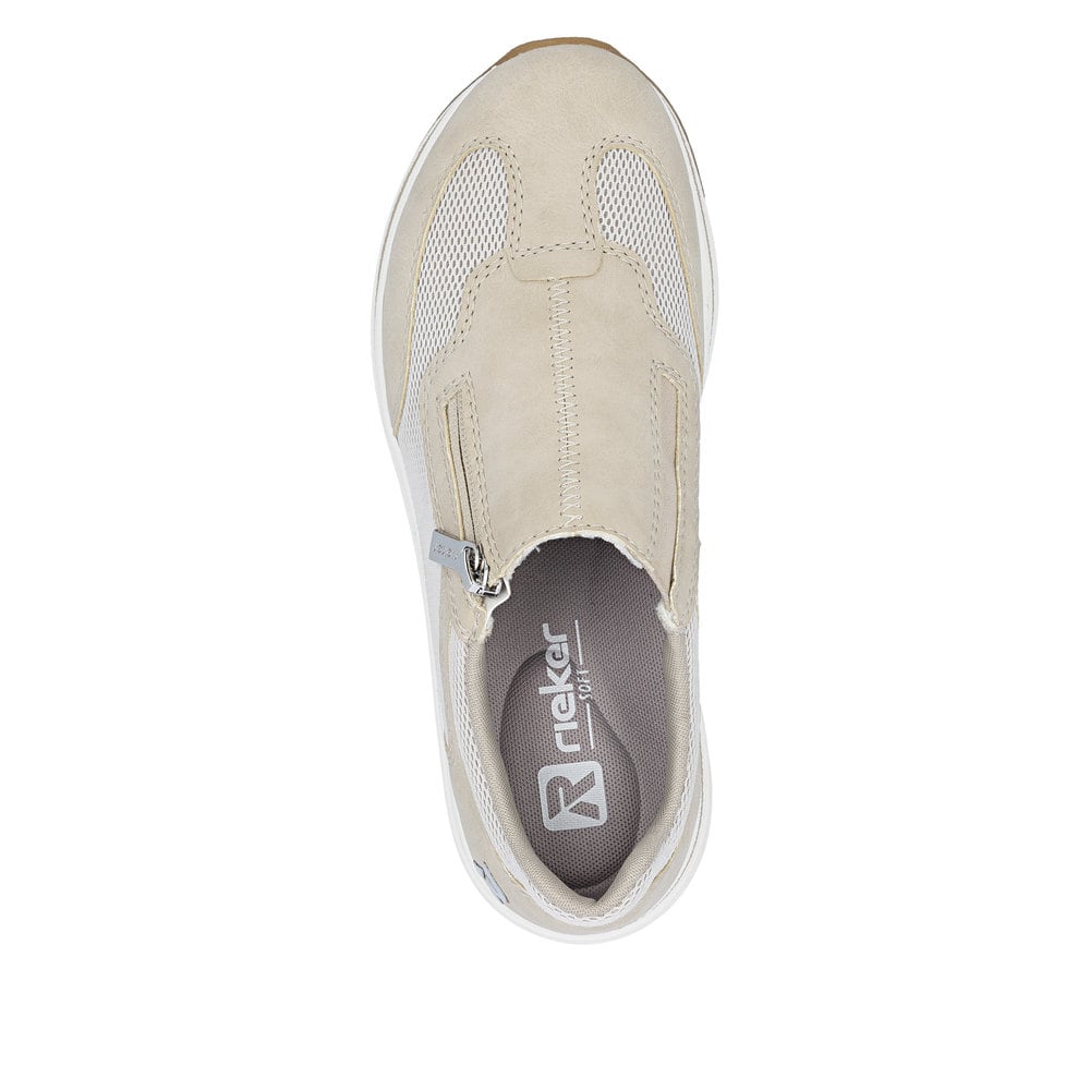 Beige Rieker Damen Sneaker Low L5854-62 mit Reißverschluss sowie Extraweite H. Schuh von oben.