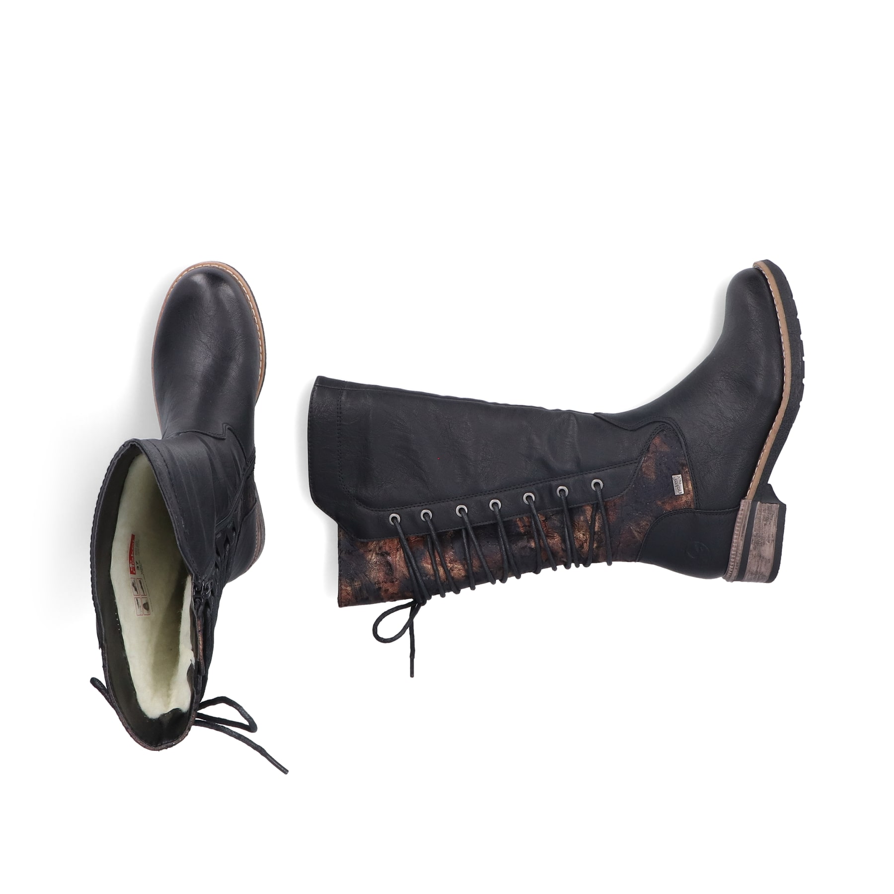 Schwarze Rieker Damen Hochschaftstiefel 94693-00 mit einem Reißverschluss. Schuh von oben, liegend.