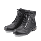 
Tiefschwarze Rieker Damen Biker Boots 71208-00 mit Schnürung und Reißverschluss. Schuhpaar schräg.
