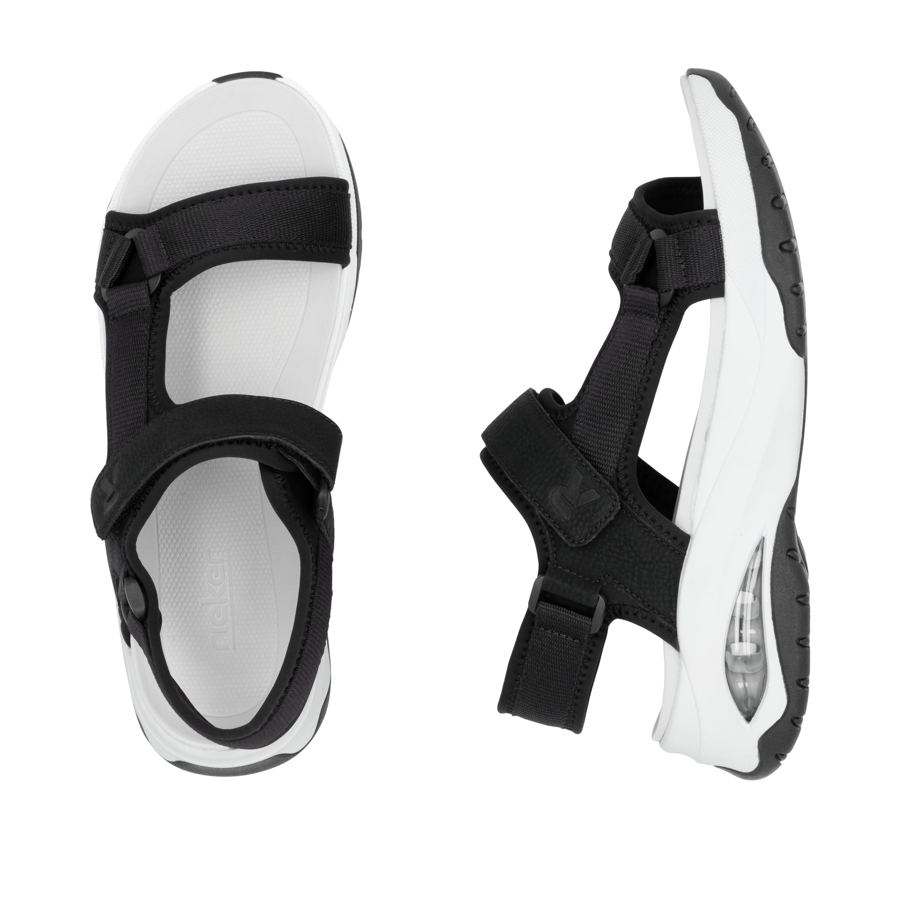 Schwarze vegane Rieker Damen Trekkingsandalen W3151-01 mit einem Klettverschluss. Schuh von oben, liegend.