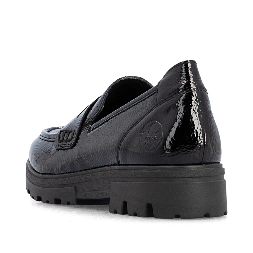 Mocassins Rieker noirs pour femmes 43050-00 avec bande élastique. Chaussure vue de l'arrière.