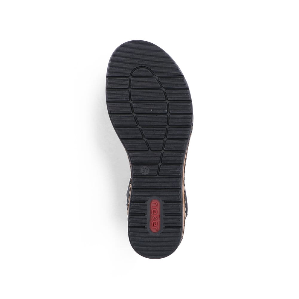 Sandales à lanières Rieker noires femme V4161-00 avec bande élastique. Semelle extérieure de la chaussure.