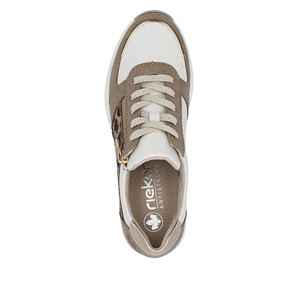 Beige Rieker Damen Schnürschuhe N4308-64 mit angesagtem Animal-Print. Schuh von oben.