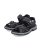 Schwarze Rieker Damen Trekkingsandalen 68851-02 mit einem Klettverschluss. Schuhpaar seitlich schräg.