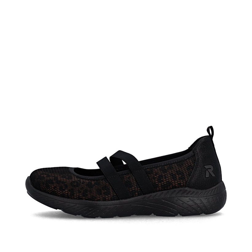 Schwarze Rieker Ballerinas M5075-00 mit einem Gummizug sowie der Komfortweite G. Schuh Außenseite.