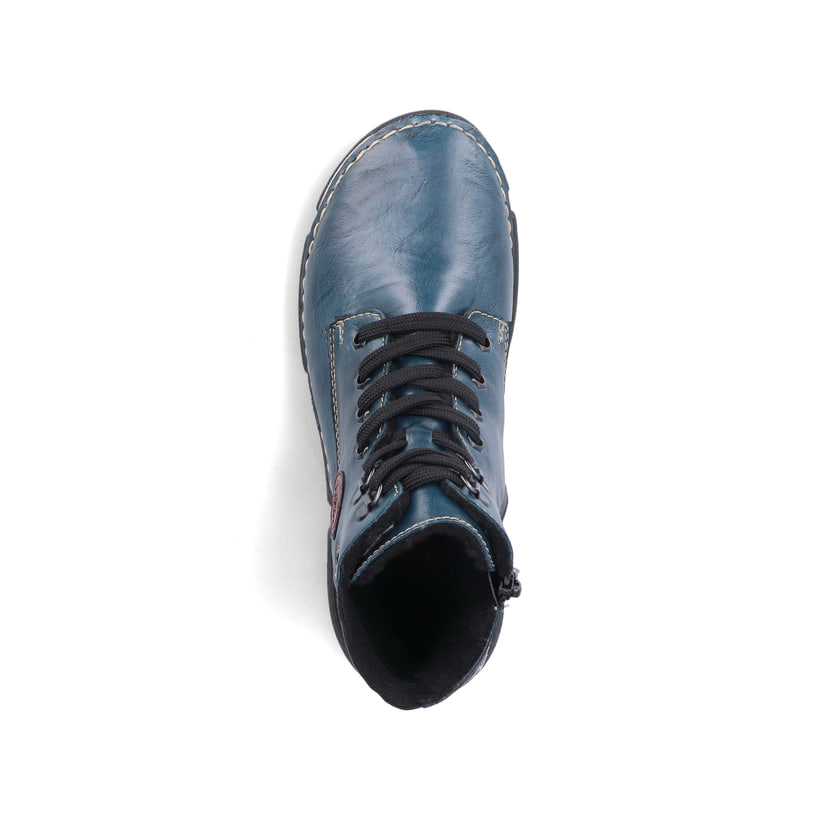 Cyanblaue Rieker Damen Schnürstiefel 45943-12 mit einer schockabsorbierenden Sohle. Schuh von oben