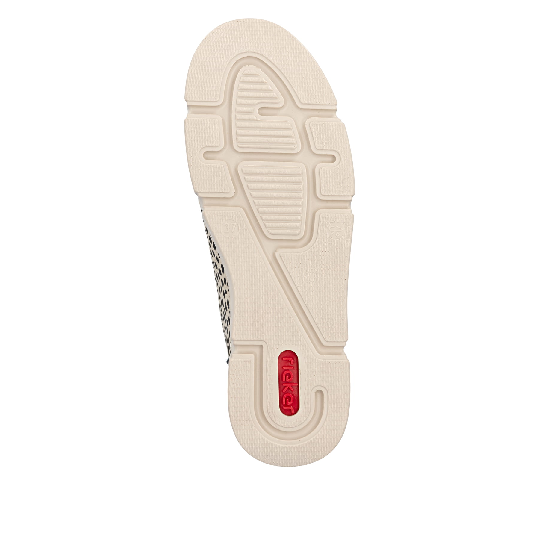 Baskets montantes Rieker beiges pour femme N5931-62 avec imprimé animal. Semelle extérieure de la chaussure.