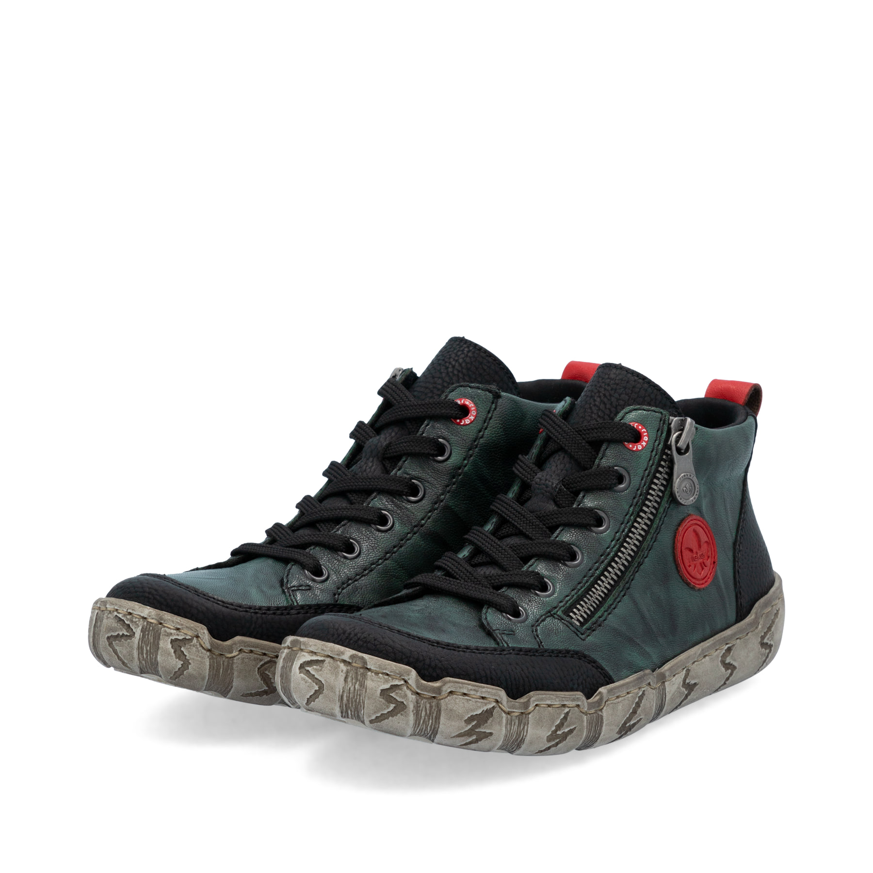 Grünschwarze Rieker Damen Kurzstiefel L0306-54 aus Glattleder mit rundem Logo. Schuhpaar seitlich schräg.