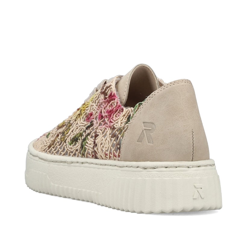 Mehrfarbige vegane Rieker Damen Sneaker Low N9919-91 mit floralem Muster. Schuh von hinten.