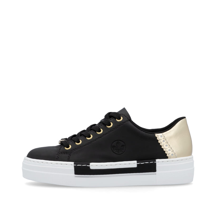 Schwarze Rieker Damen Sneaker Low N4931-00 mit einer Schnürung. Schuh Außenseite.