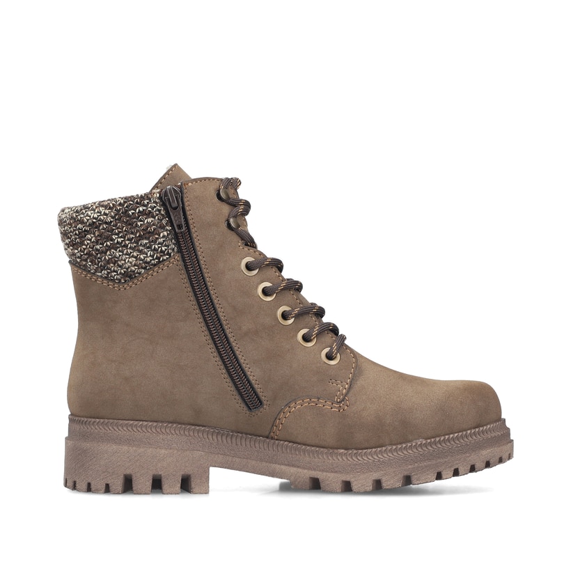 Braune Rieker Damen Schnürstiefel Y7621-25 mit Strick-Kragen. Schuh Innenseite.