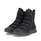 Schwarze Rieker Damen Schnürstiefel 53602-00 mit einem Reißverschluss. Schuhpaar seitlich schräg.