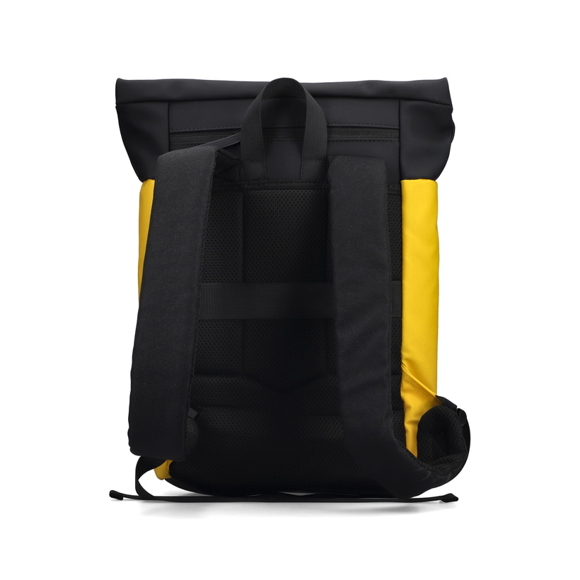 Sac à dos Rieker H5101-68 jaune avec fermeture éclair, compartiment rembourré pour ordinateur portable et bretelles ajustable. Arrière.