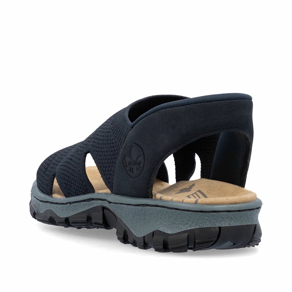 Blaue vegane Rieker Damen Trekkingsandalen 68895-14 mit Ready2GO Slip-in Feature. Schuh von hinten.