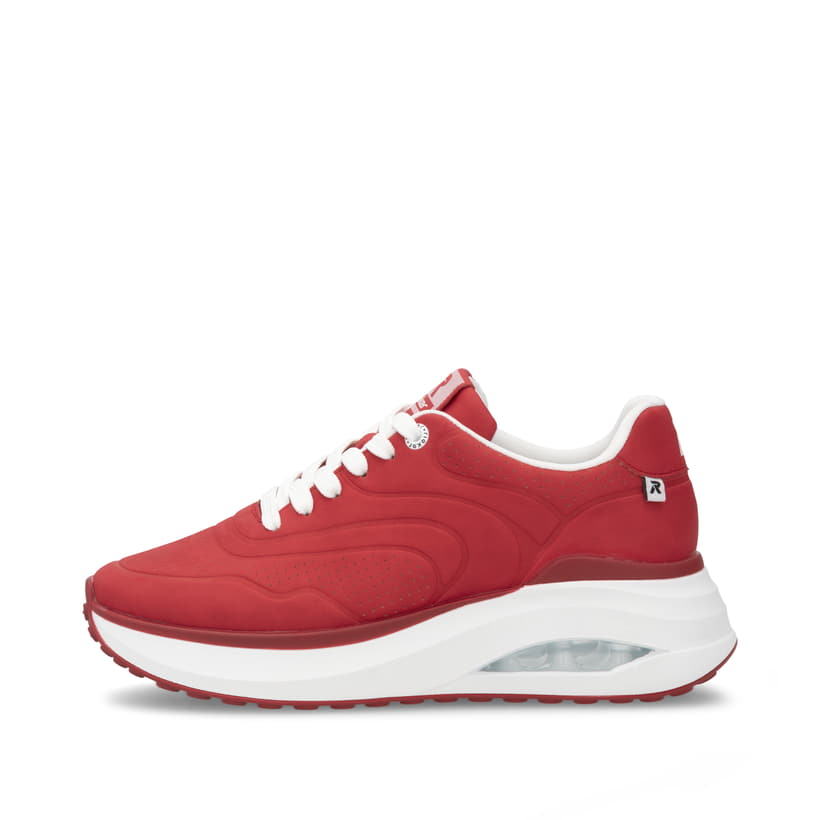 Rote vegane Rieker Damen Sneaker Low W2700-33 mit einer Schnürung. Schuh Außenseite.
