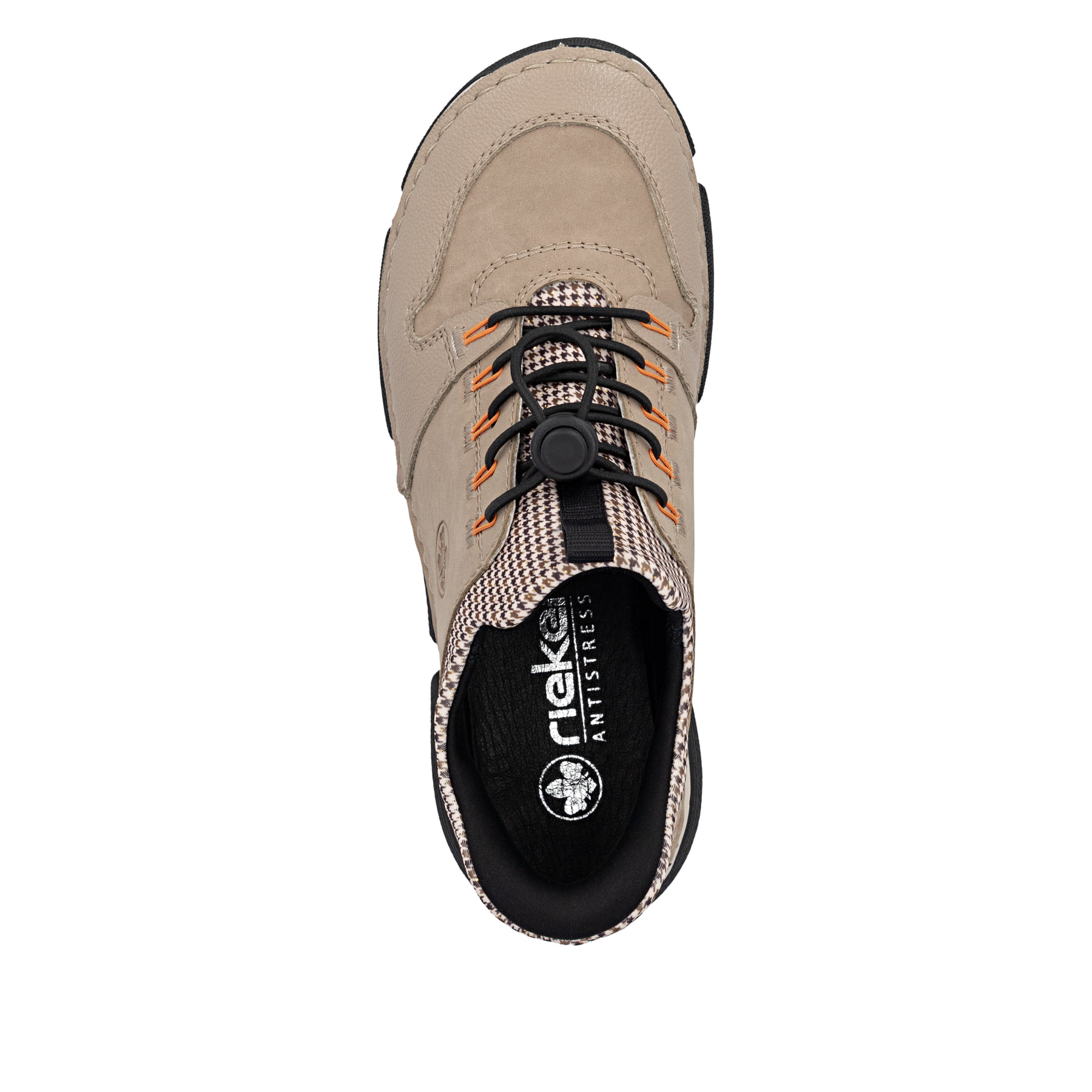 Beige Rieker Damen Slipper 45963-20 mit Ready2GO Anziehkomfort sowie Gummizug. Schuh von oben.