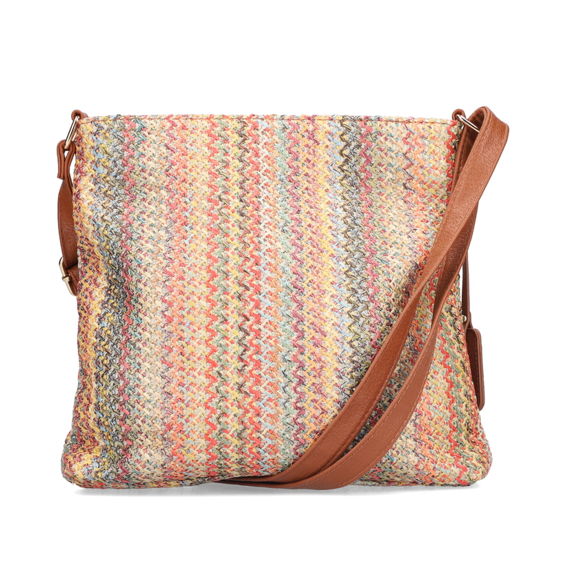 Sac à bandoulière Rieker H1519-90 multi avec un aspect tissé coloré et deux compartiments principaux. Côté gauche.