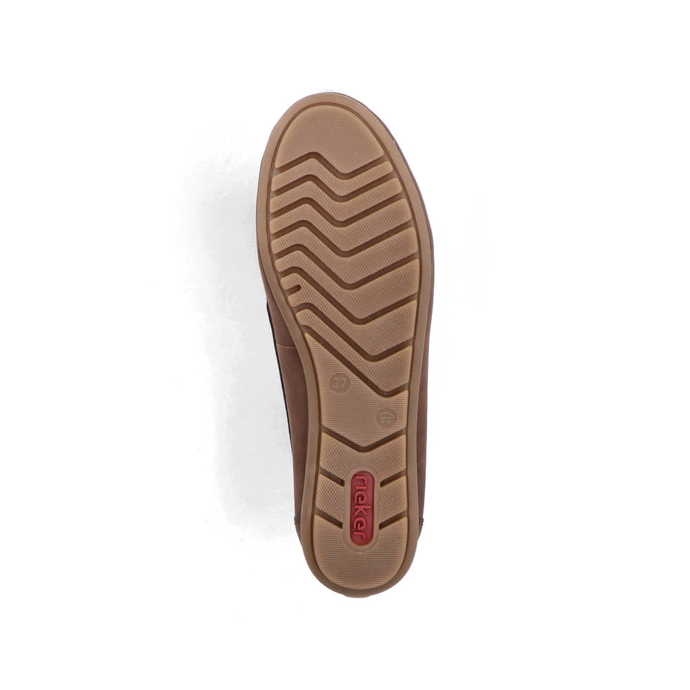 Braune Rieker Damen Loafer 43862-24 mit einer herausnehmbaren Einlegesohle. Schuh Laufsohle.