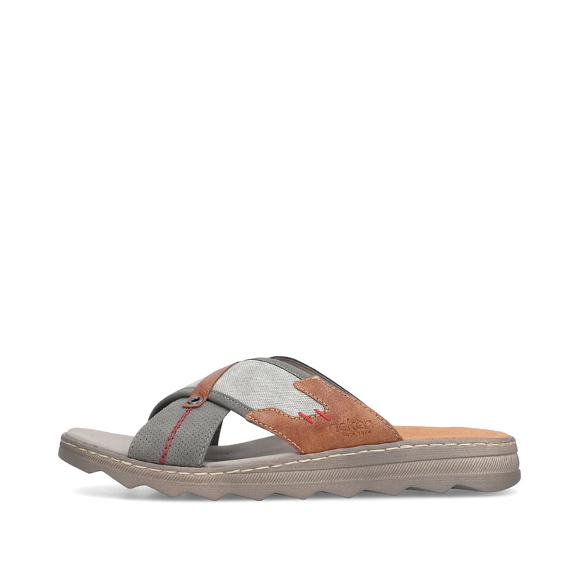 Graue Rieker Herren Pantoletten 21695-45 mit Komfortweite G sowie leichter Sohle. Schuh Außenseite.