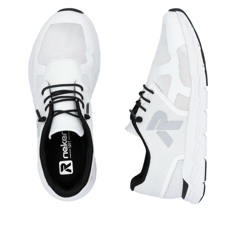 Weiße Rieker Damen Sneaker Low M9000-80 mit Gummischnürung sowie flexibler Sohle. Schuh von oben, liegend.