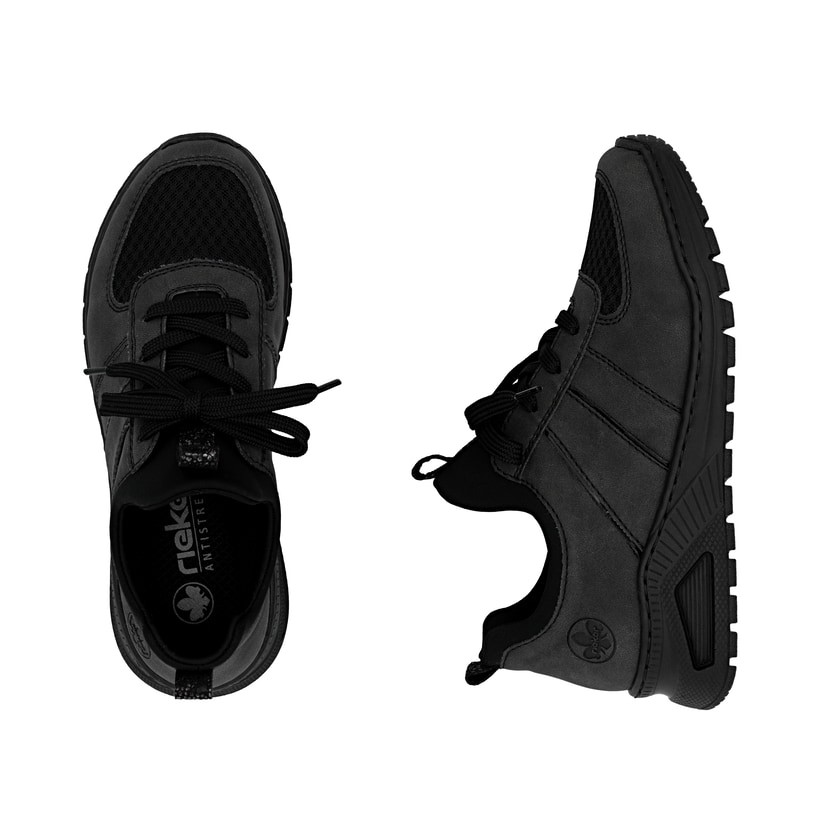Dunkelgraue Rieker Damen Slipper M4970-45 mit einem Gummizug sowie Extraweite H. Schuh von oben, liegend.