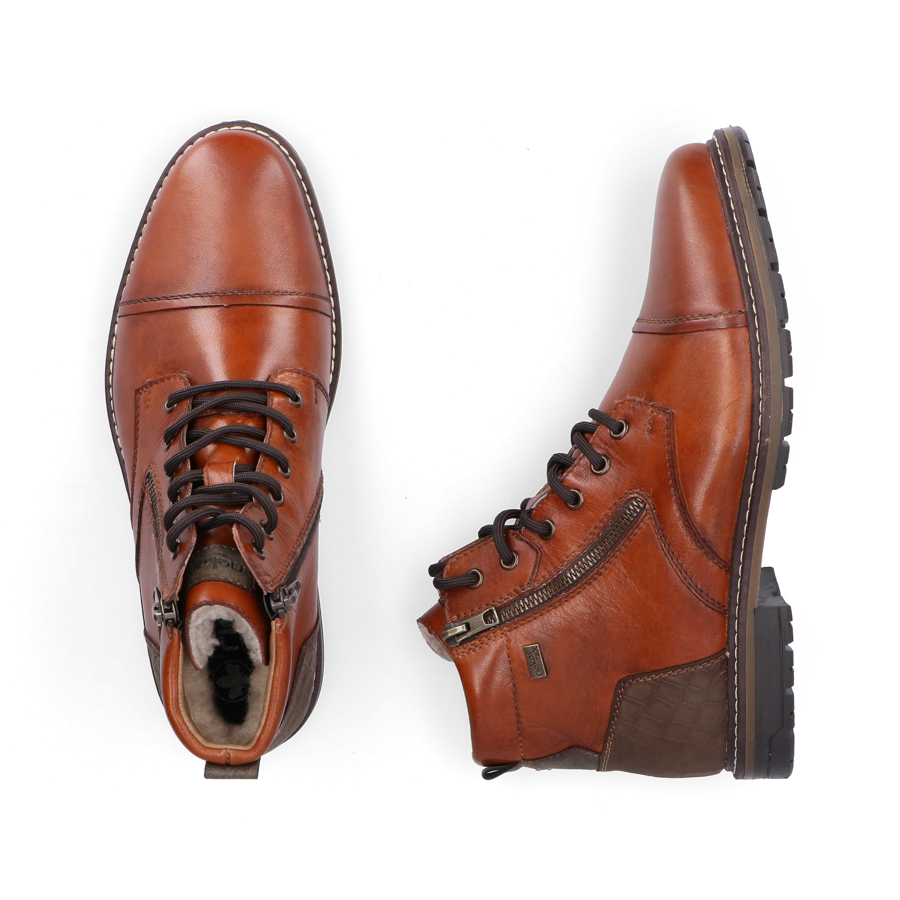 Bottes à lacets Rieker marron pour homme 13704-24 en cuir lisse. Chaussure vue de dessus, couchée.