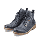 
Marineblaue Rieker Damen Schnürstiefel 73500-14 mit einer robusten Profilsohle. Schuhpaar schräg.