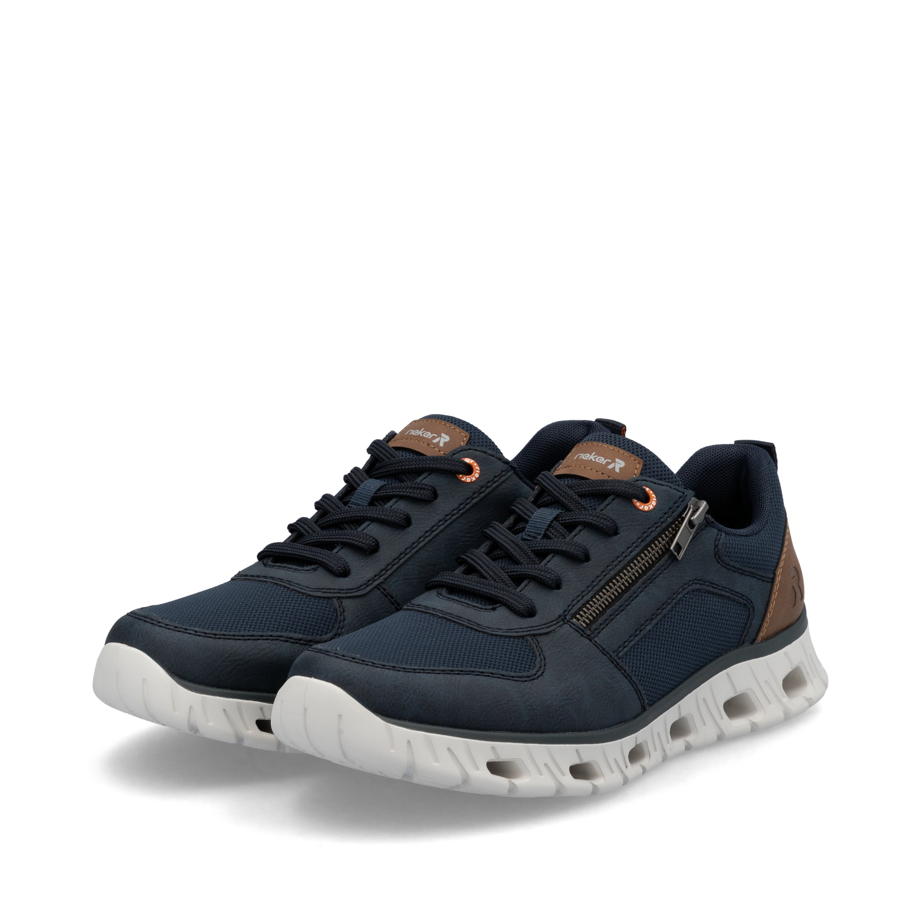 Blaue Rieker Herren Sneaker Low 04301-14 mit einem Reißverschluss. Schuhpaar seitlich schräg.