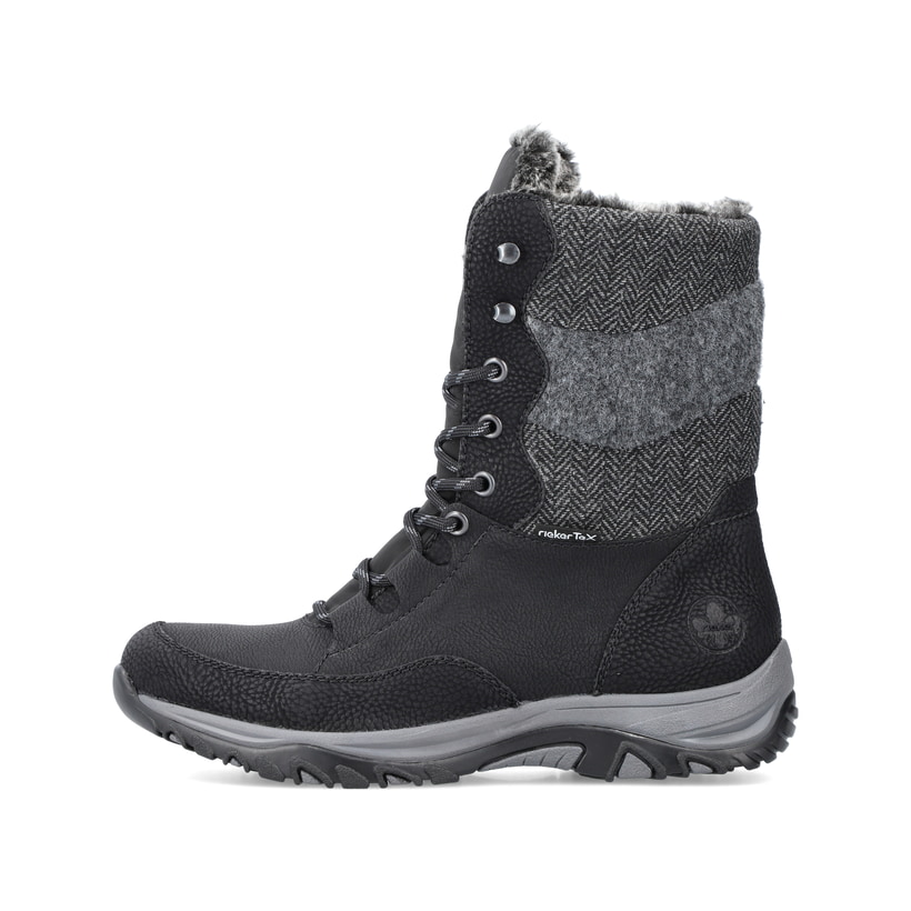 
Tiefschwarze Rieker Damen Schnürstiefel M9643-01 mit Schnürung und Reißverschluss. Schuh Außenseite
